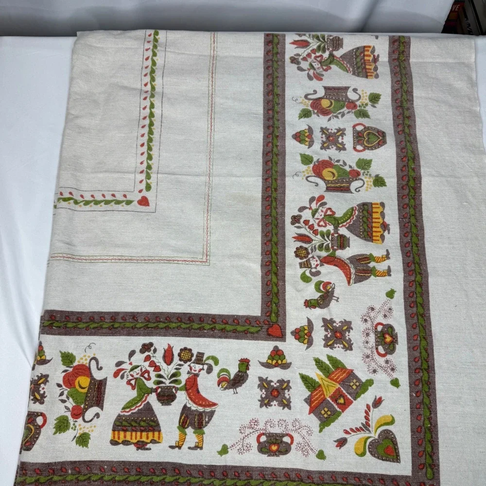 Vintage Scandinavian Folk Art Tablecloth Rectangular Linen Beige Red 63x51
